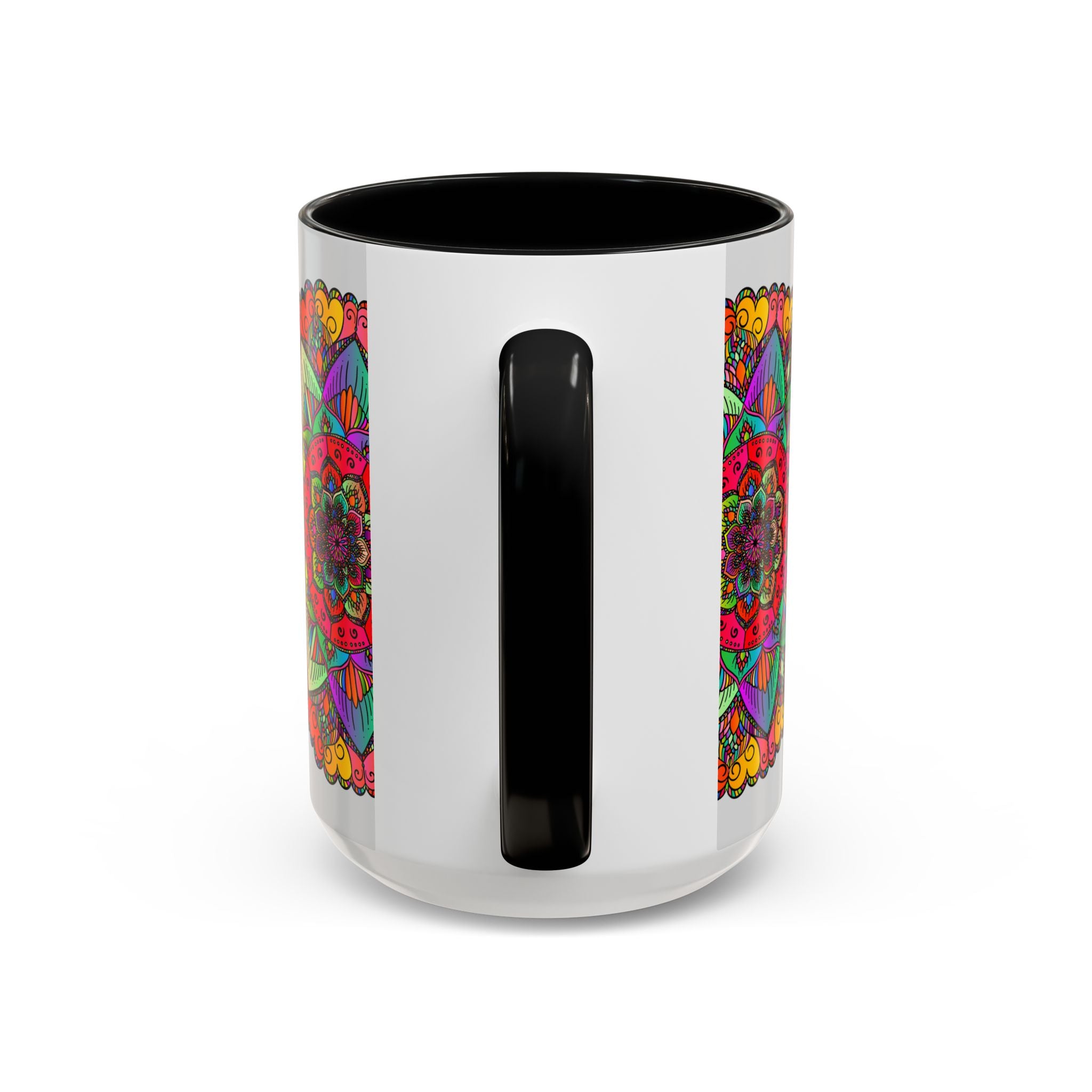 Colorful ceramic mug featuring a detailed and intricate mandala design