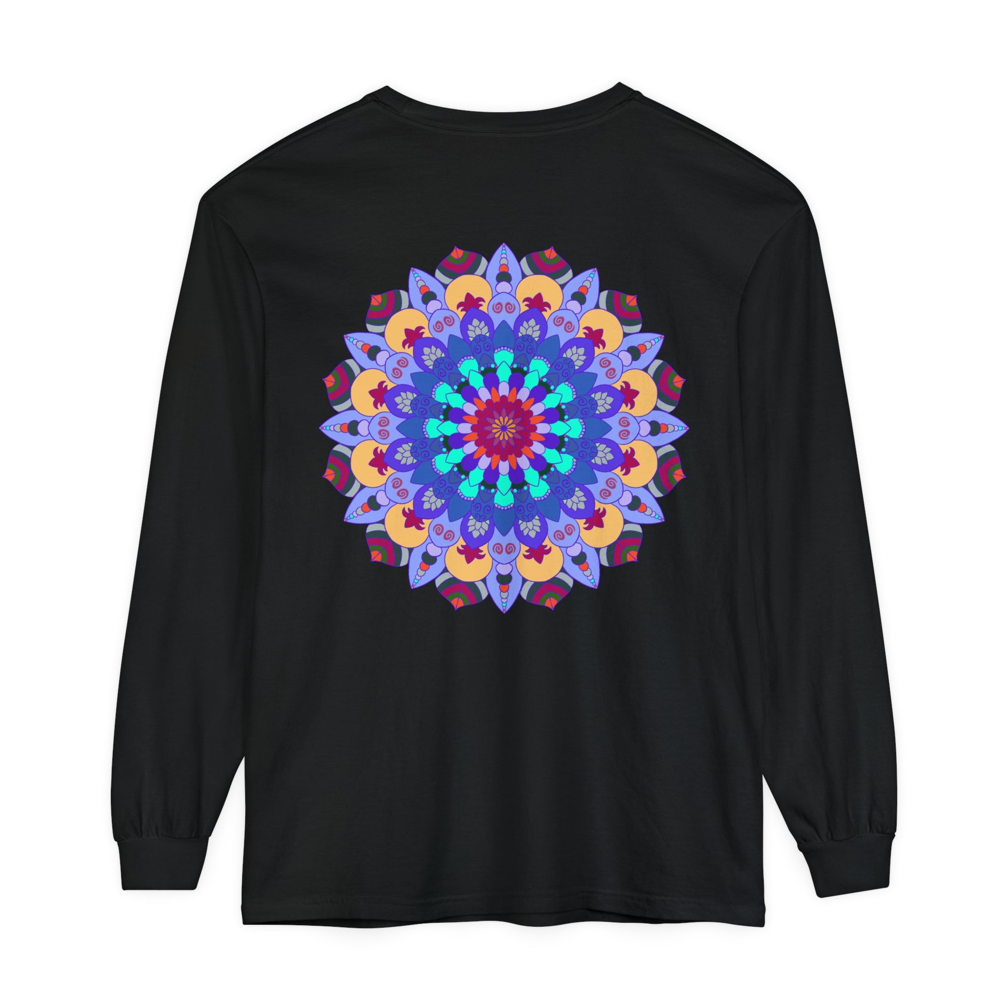 Colorful and intricate mandala design featured on a long sleeve t-shirt