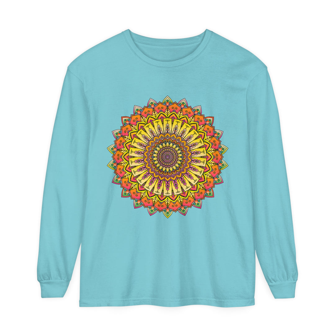 Intricate mandala design featuring various vibrant colors on unisex long sleeve t-shirt