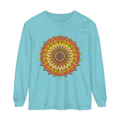 Intricate mandala design featuring various vibrant colors on unisex long sleeve t-shirt