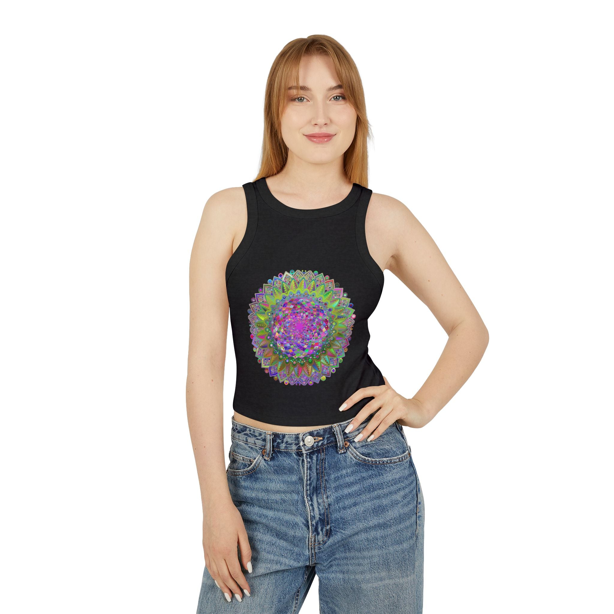 Colorful and intricately designed racerback tank top featuring a vibrant mandala pattern