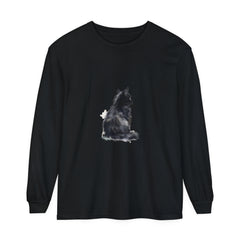 Black and white cat watercolor long sleeve t-shirt on a white background