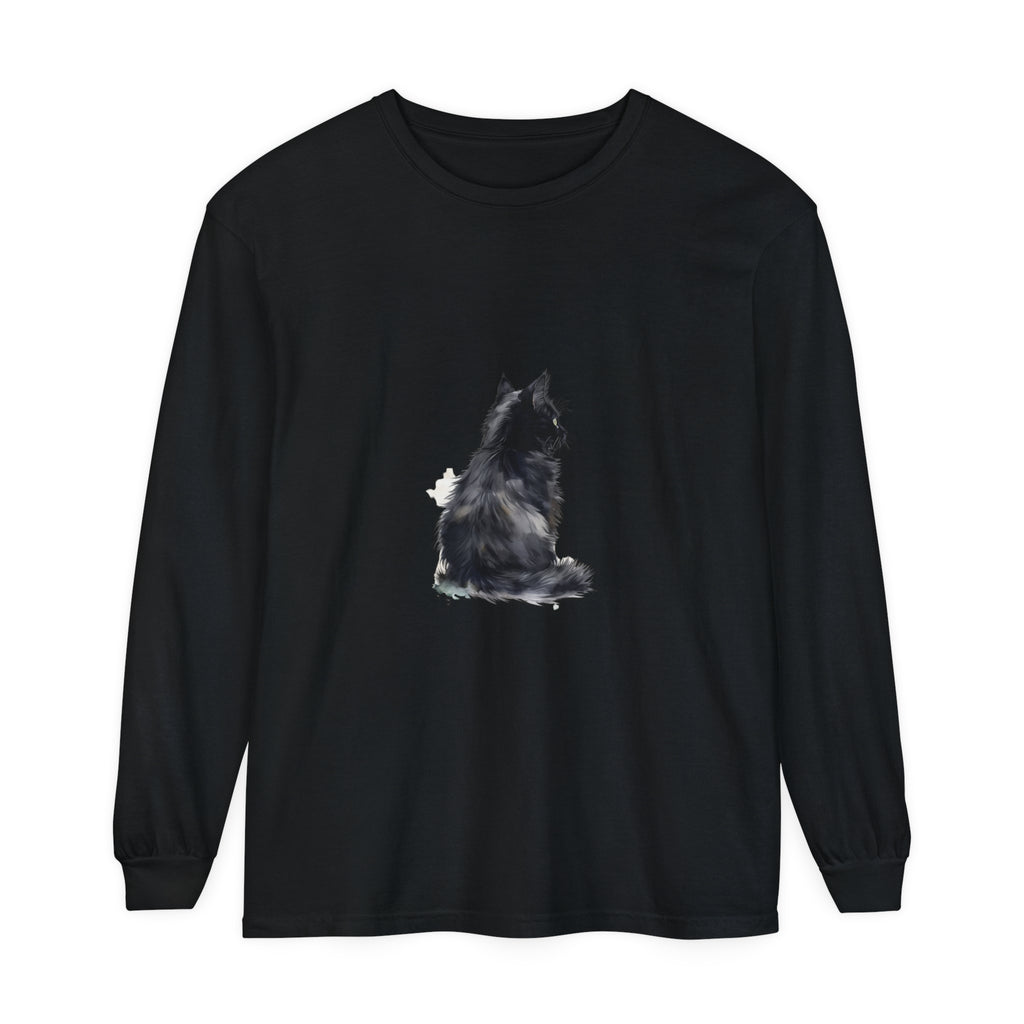 Black and white cat watercolor long sleeve t-shirt on a white background