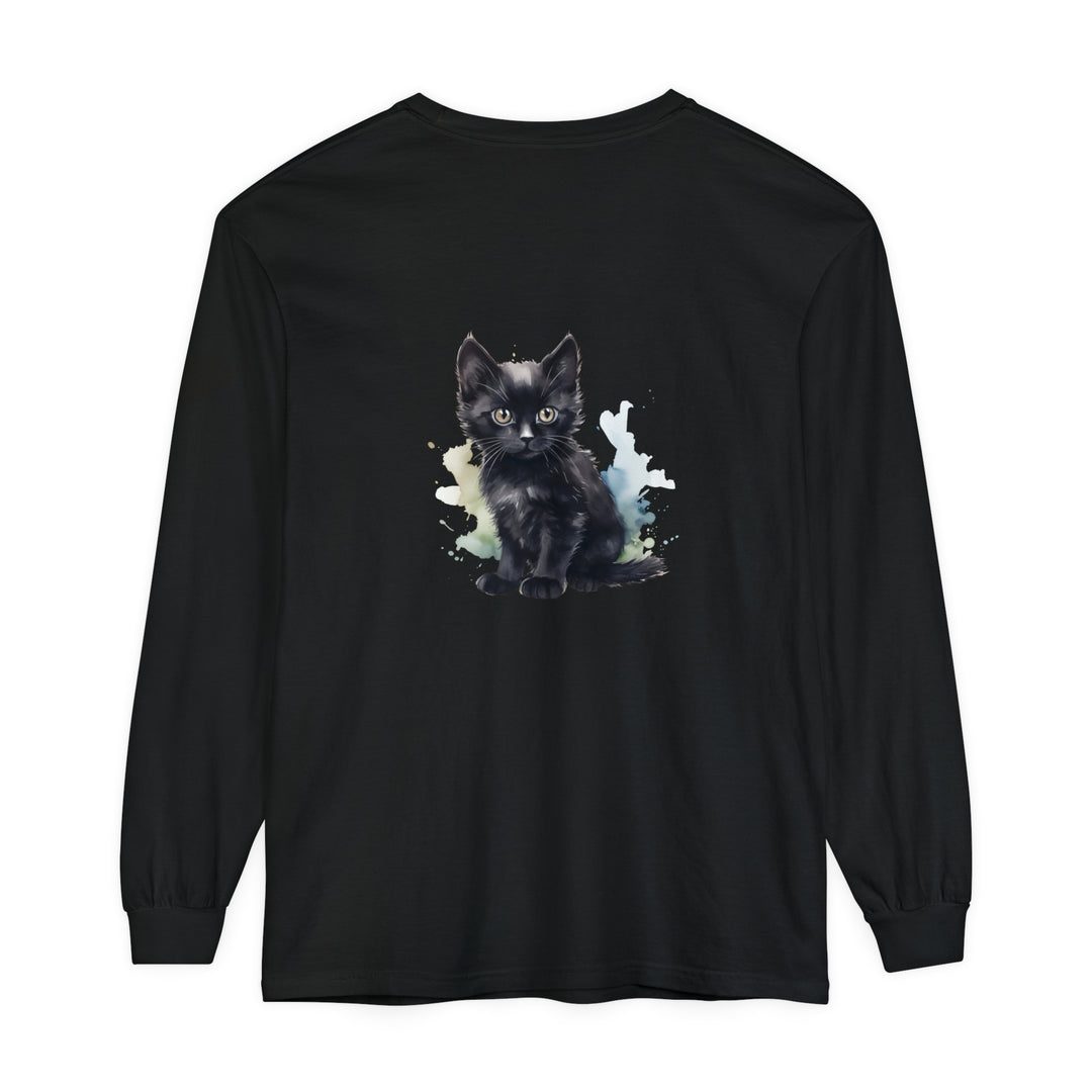 Black Kitten Watercolor Long Sleeve T-Shirt featuring a cute kitten design