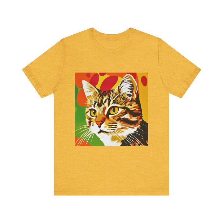 Colorful short sleeve tee featuring a vibrant pop art design of a tabby cat