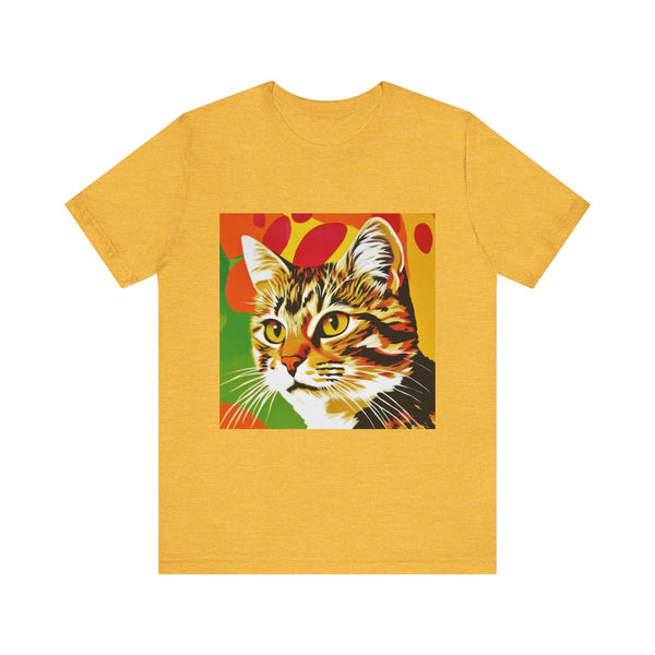 Colorful short sleeve tee featuring a vibrant pop art design of a tabby cat