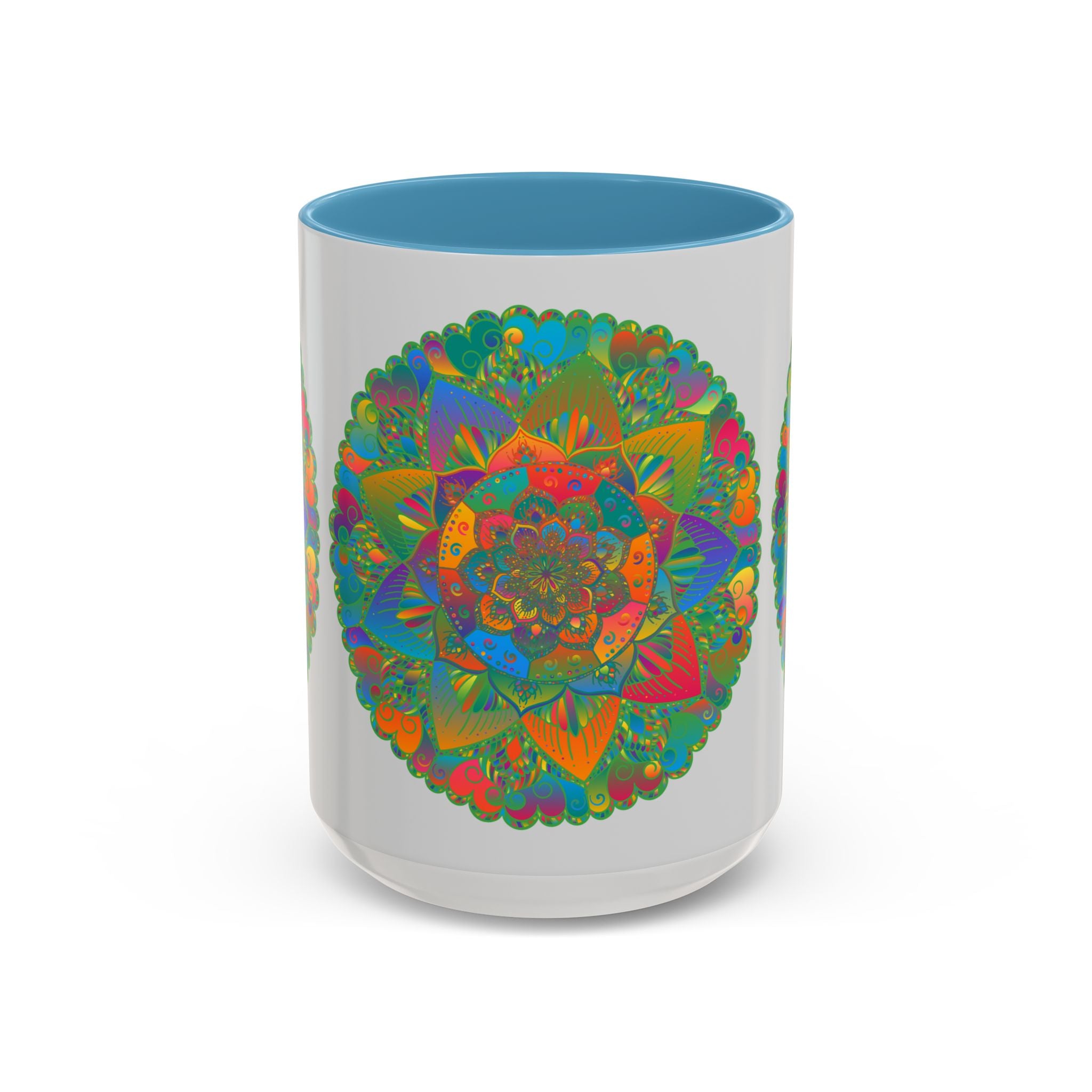 A beautiful ceramic mug featuring a colorful floral mandala design