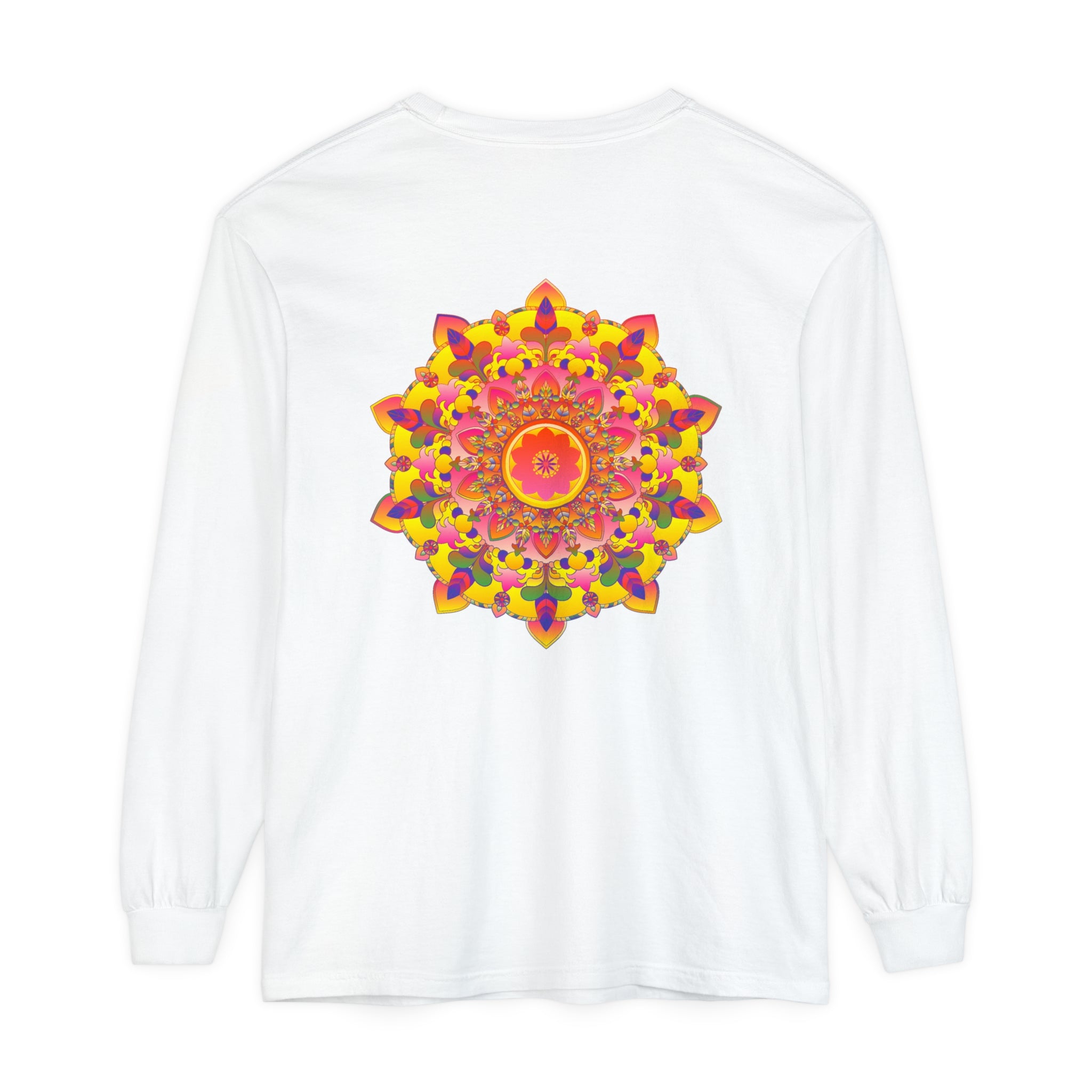 Colorful and intricate mandala design on a unisex long sleeve t-shirt