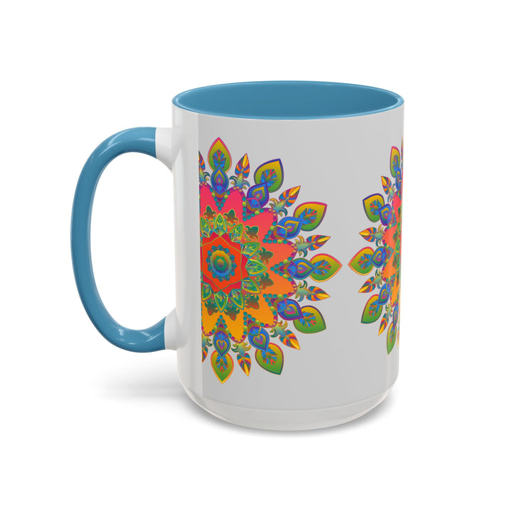 Colorful Mandala Mug featuring intricate and vibrant art on a grey background