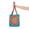 Colorful mandala art tote bag in vibrant acquamarine color with intricate design