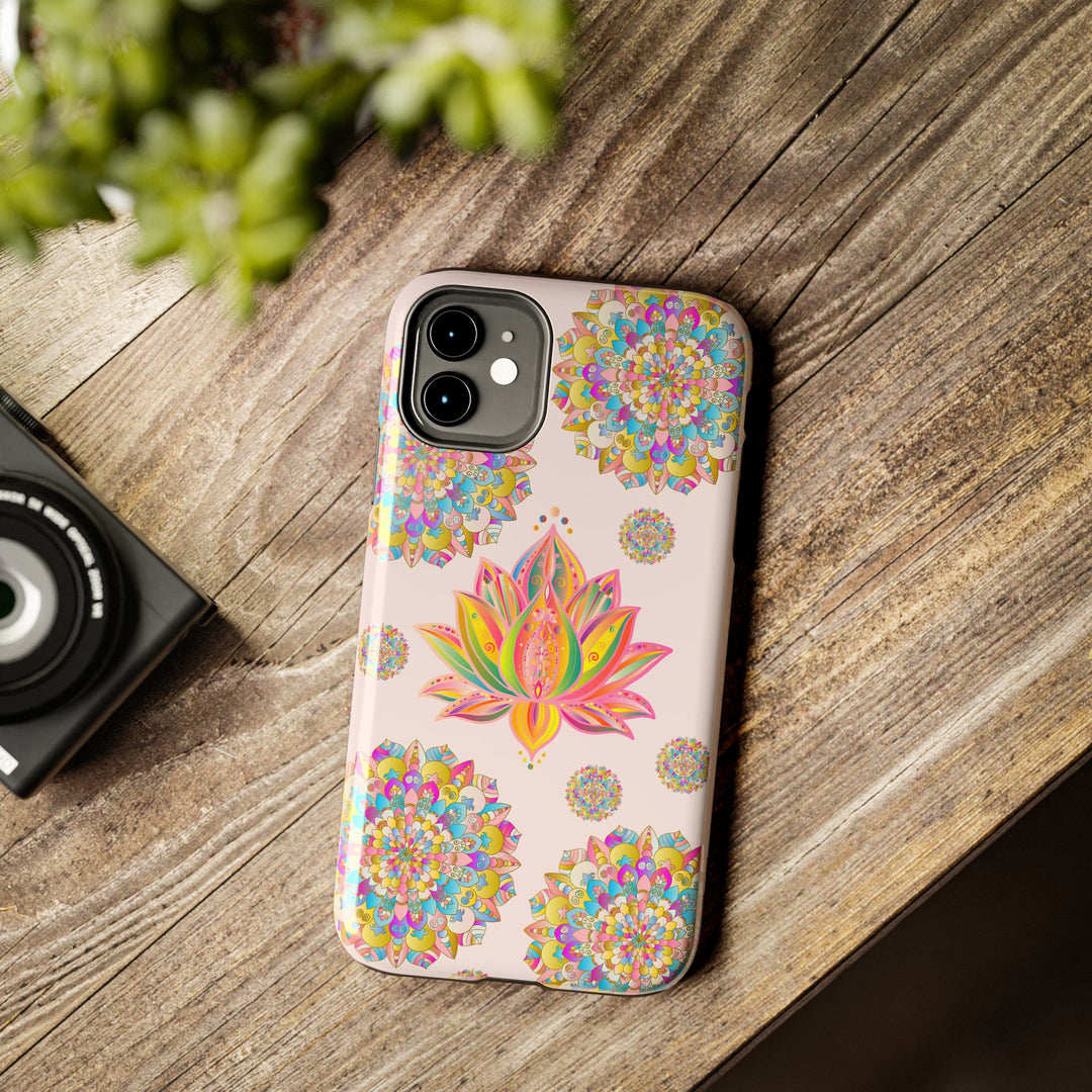 Beautiful light pink phone case with intricate lotus flower mandala design