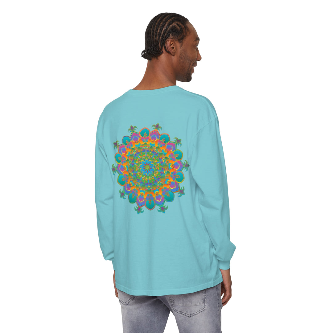 Colorful and intricate mandala design on a long sleeve unisex t-shirt