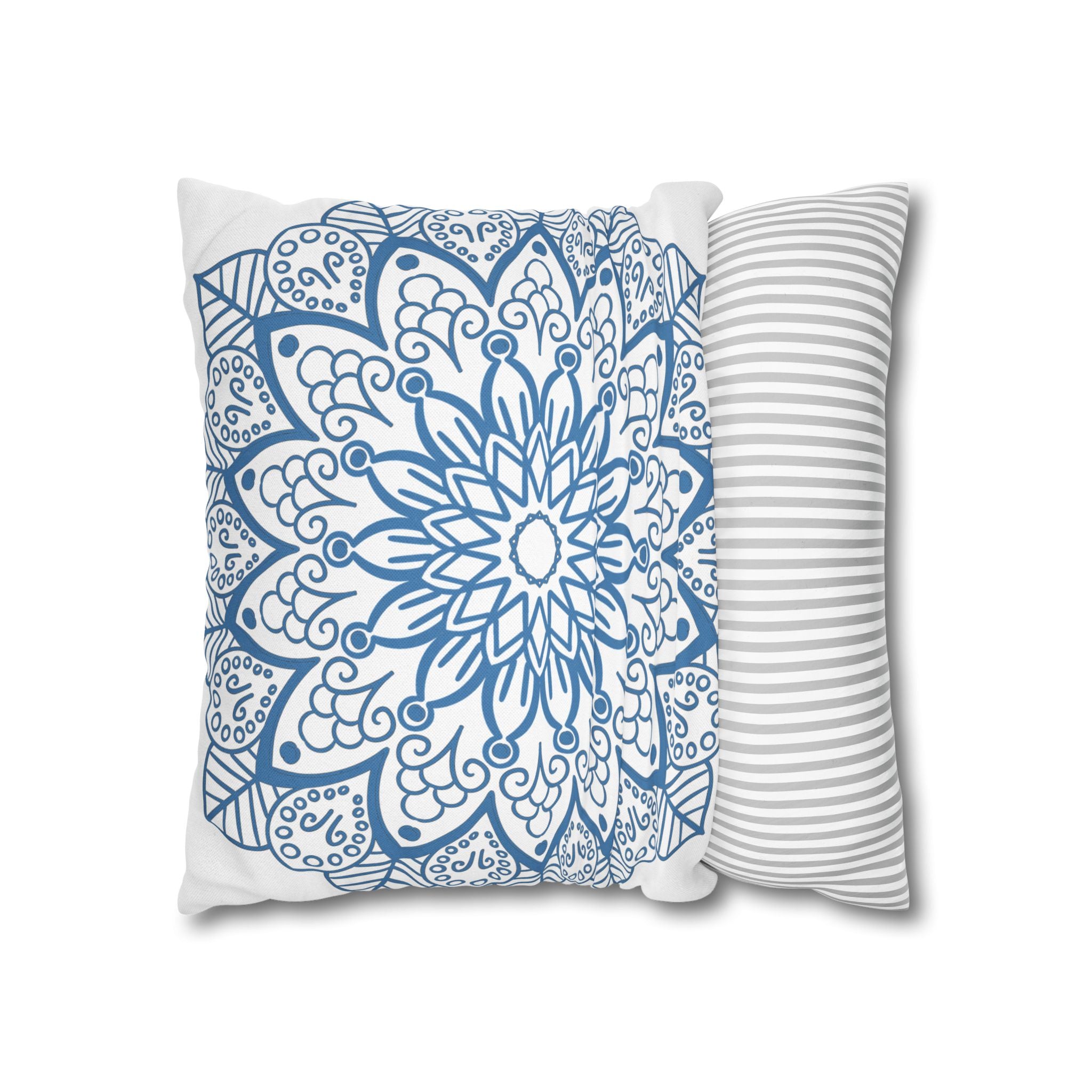 Original fine art mandala design in steel blue on white pillowcase