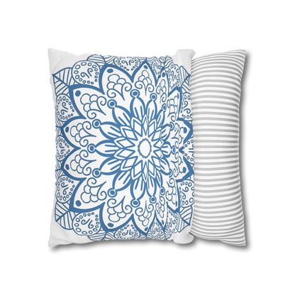 Original fine art mandala design in steel blue on white pillowcase