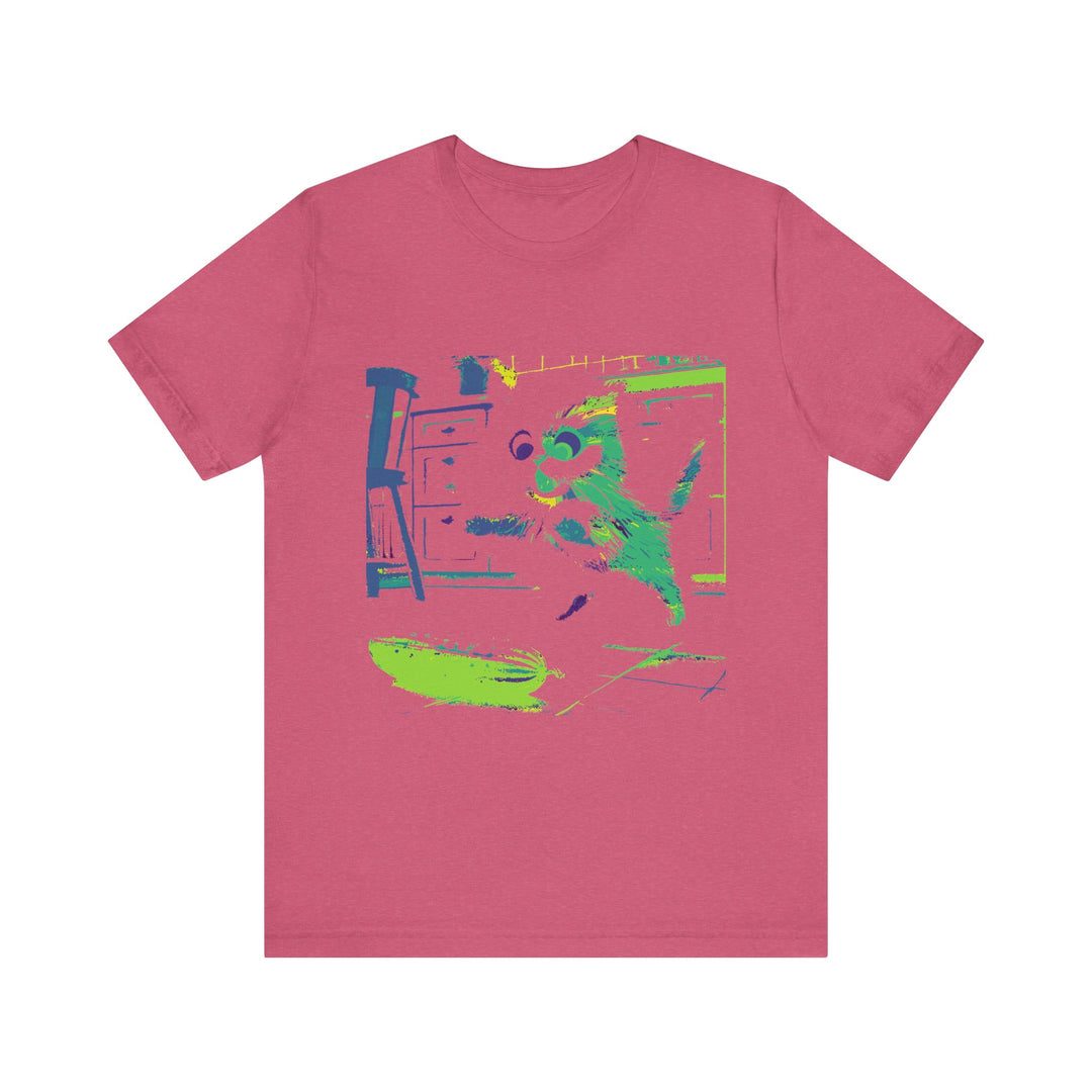 A black cat in a neon silhouette jumps away in fear from a cucumber, on a graphic t-shirt design