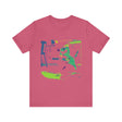 A black cat in a neon silhouette jumps away in fear from a cucumber, on a graphic t-shirt design