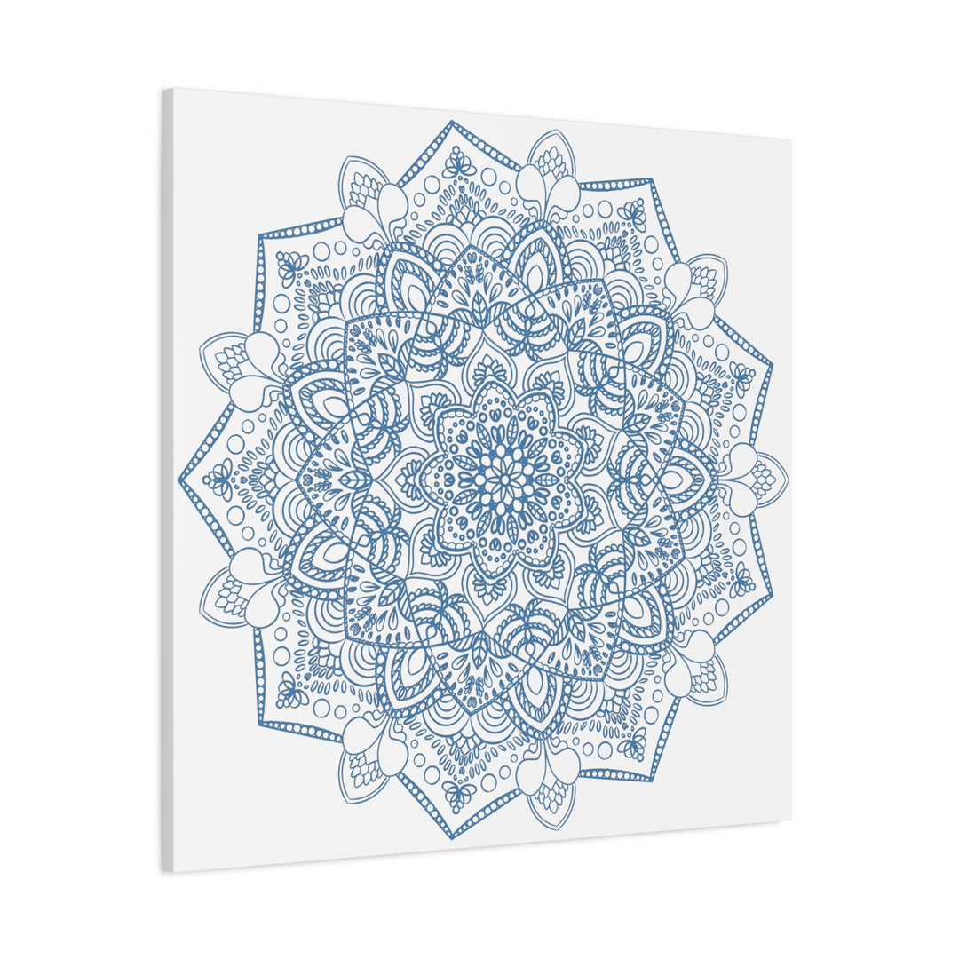 Handmade Mandala Art depicting a steel blue design on matte canvas, stretched and 125 thick