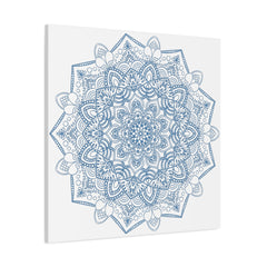 Handmade Mandala Art depicting a steel blue design on matte canvas, stretched and 125 thick