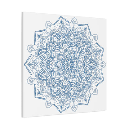 Handmade Mandala Art depicting a steel blue design on matte canvas, stretched and 125 thick