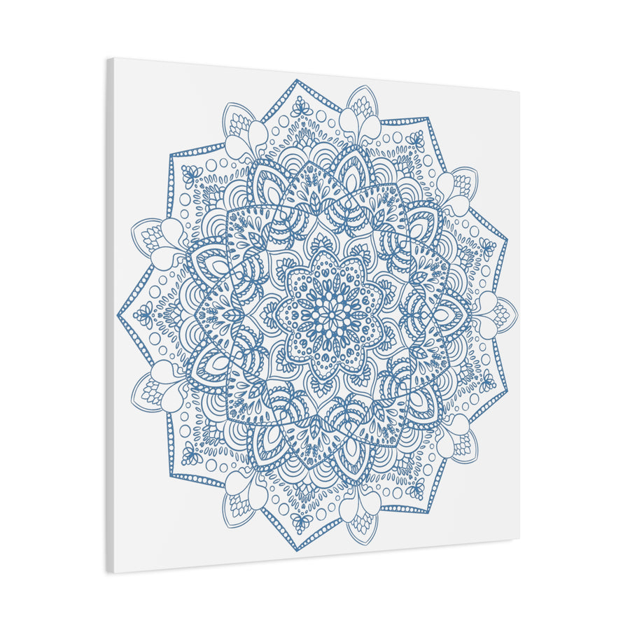 Handmade Mandala Art depicting a steel blue design on matte canvas, stretched and 125 thick