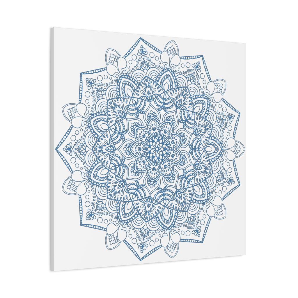 Handmade Mandala Art depicting a steel blue design on matte canvas, stretched and 125 thick