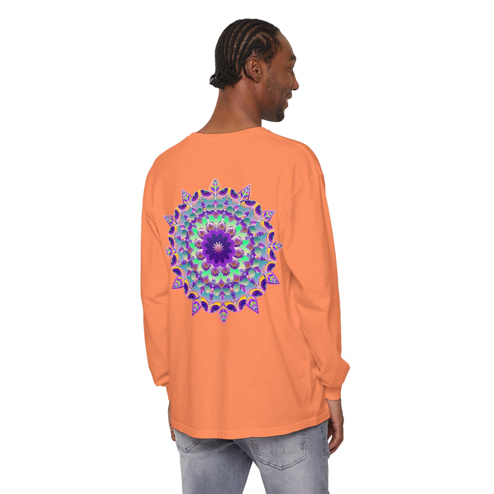 Colorful psychedelic mandala design on a long sleeve t-shirt