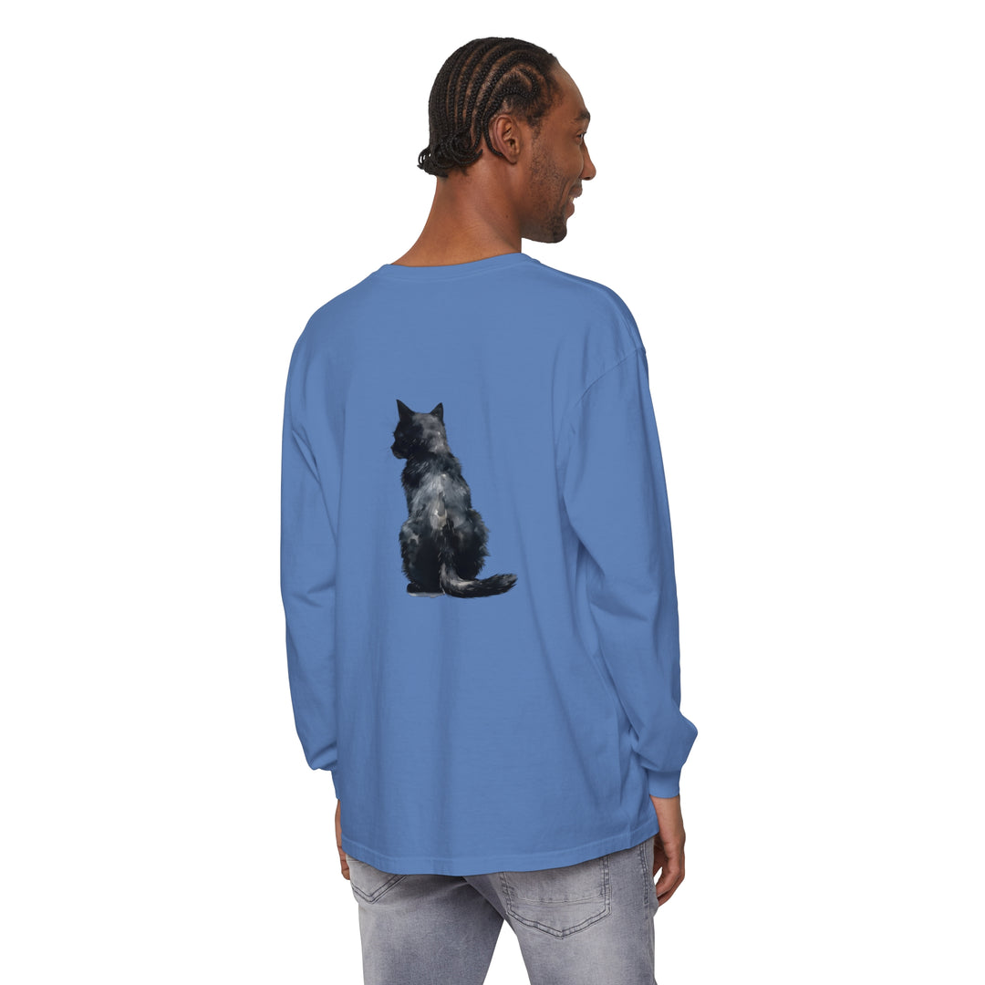 Black Cat Watercolor Long Sleeve T-Shirt featuring a stunning watercolor print of a black cat on a comfortable, long sleeve shirt