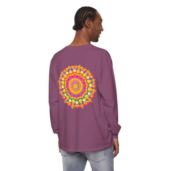 Vibrant and intricate psychedelic mandala design on a colorful long sleeve t-shirt