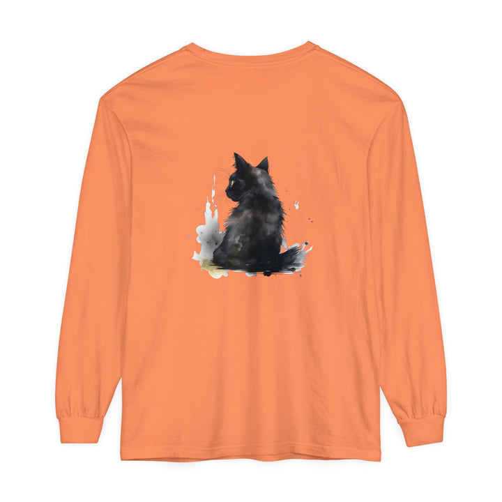 Black Cat Watercolor Dream long sleeve t-shirt with vibrant and colorful cat design