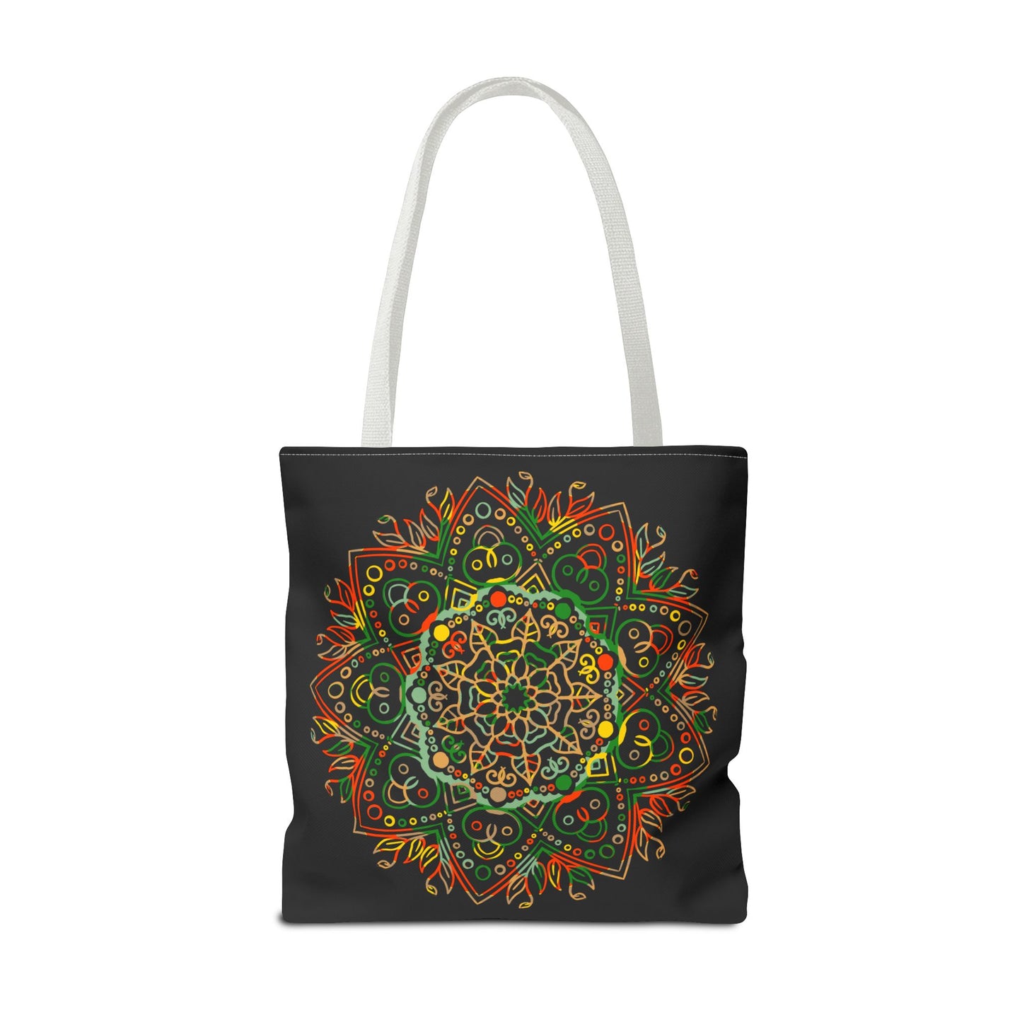 Large, versatile tote bag featuring a hand-drawn, colorful mandala art design