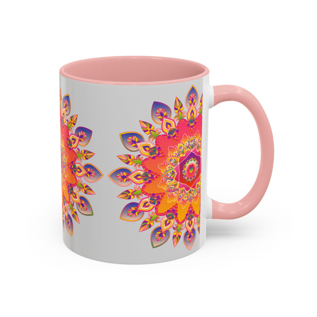 A beautifully handcrafted mandala art mug with vibrant colors against a soft grey background