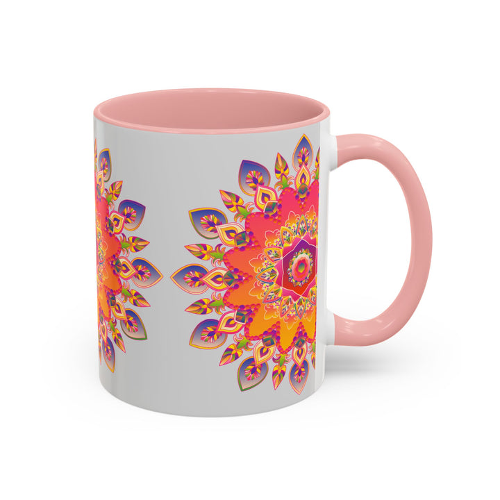 A beautifully handcrafted mandala art mug with vibrant colors against a soft grey background