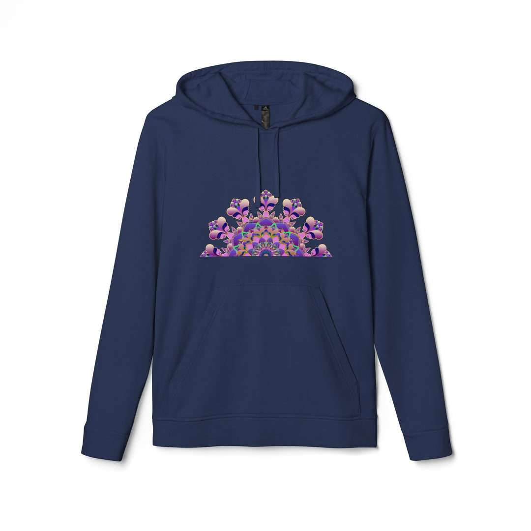 Close-up image of a navy blue Adidas Mandala Fleece Hoodie with intricate mandala design on the back and a cozy fleece lining, perfect for cold weather