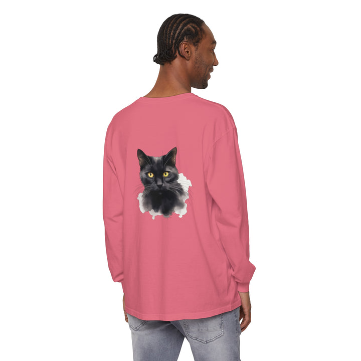 Black Cat Portrait Unisex Long Sleeve T-Shirt with Detailed Artwork