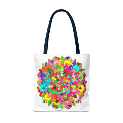 Vibrant and intricate mandala art tote bag with colorful, swirling patterns