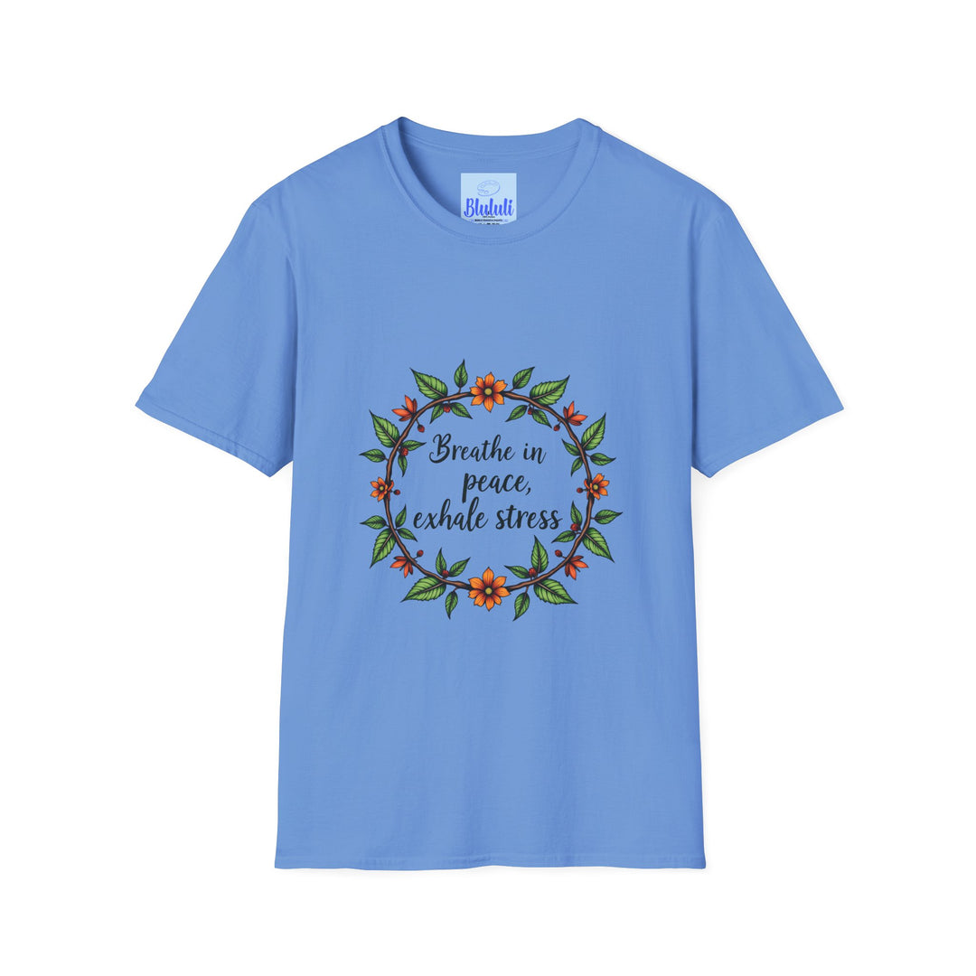 A white short-sleeved t-shirt with a floral garland graphic and the quote Breathe in Peace Exhale Stress in script font