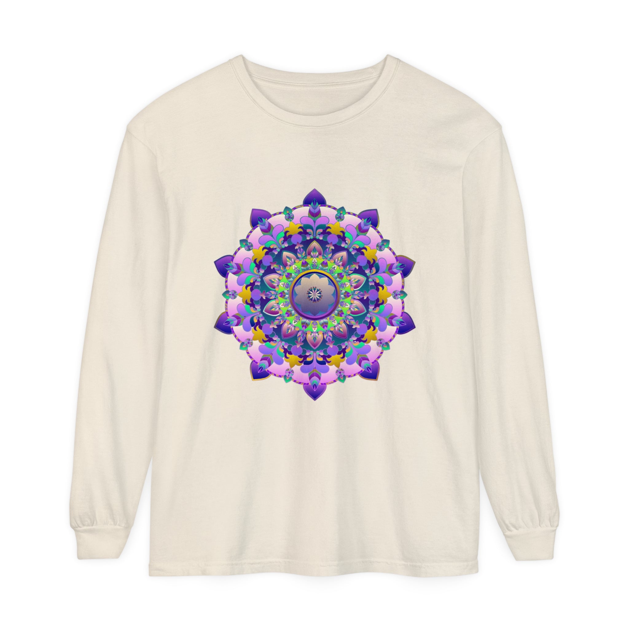 Colorful and intricate mandala design on a unisex long sleeve t-shirt