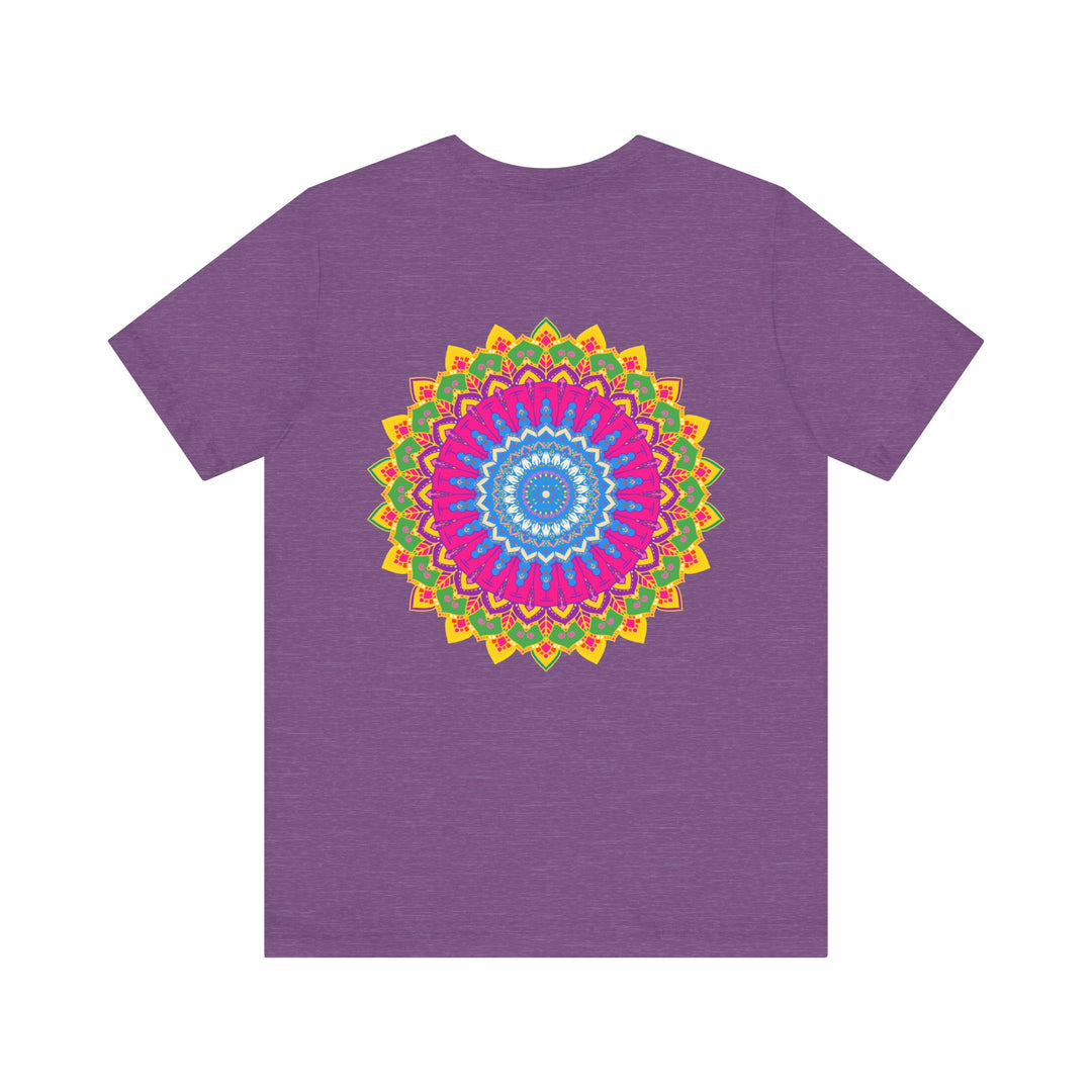 A beautiful and colorful mandala t-shirt design featuring spiritual symbols for inner peace and tranquility