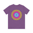 A beautiful and colorful mandala t-shirt design featuring spiritual symbols for inner peace and tranquility