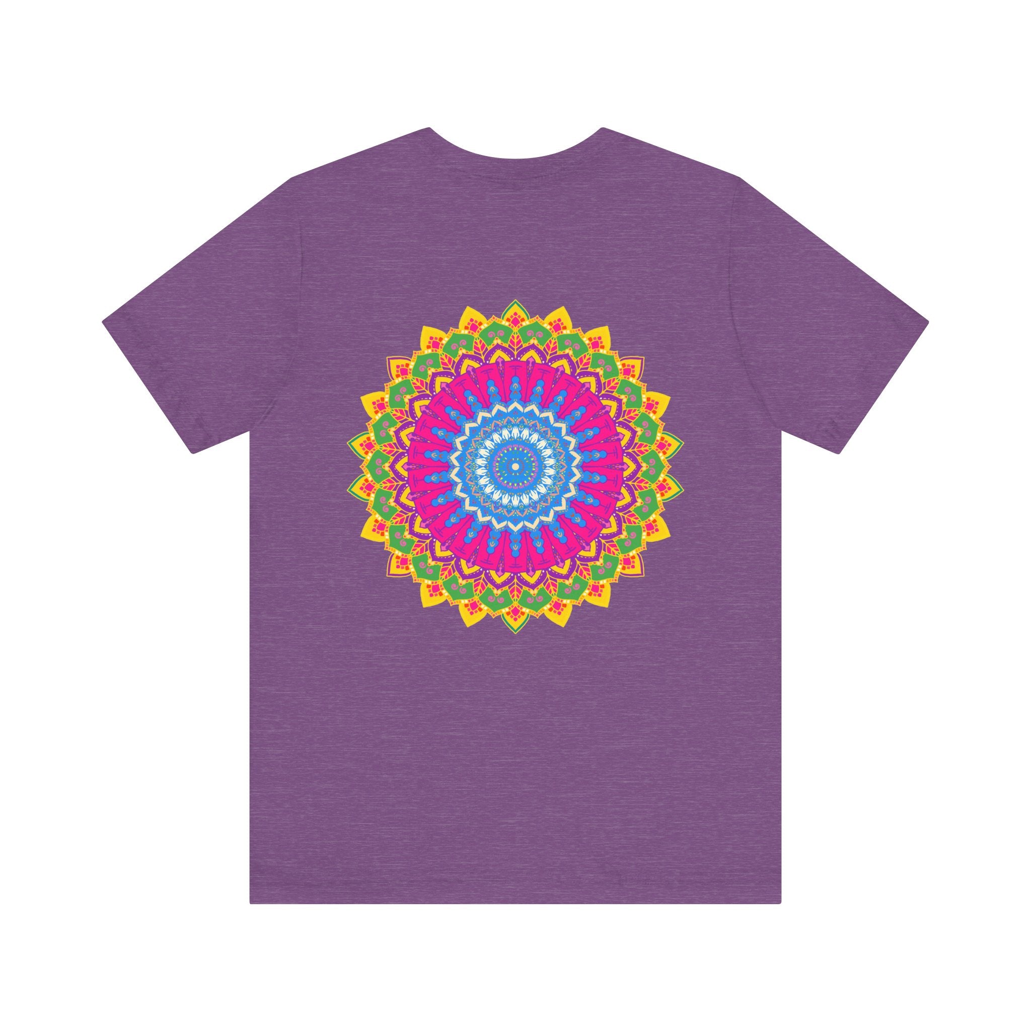 A beautiful and colorful mandala t-shirt design featuring spiritual symbols for inner peace and tranquility