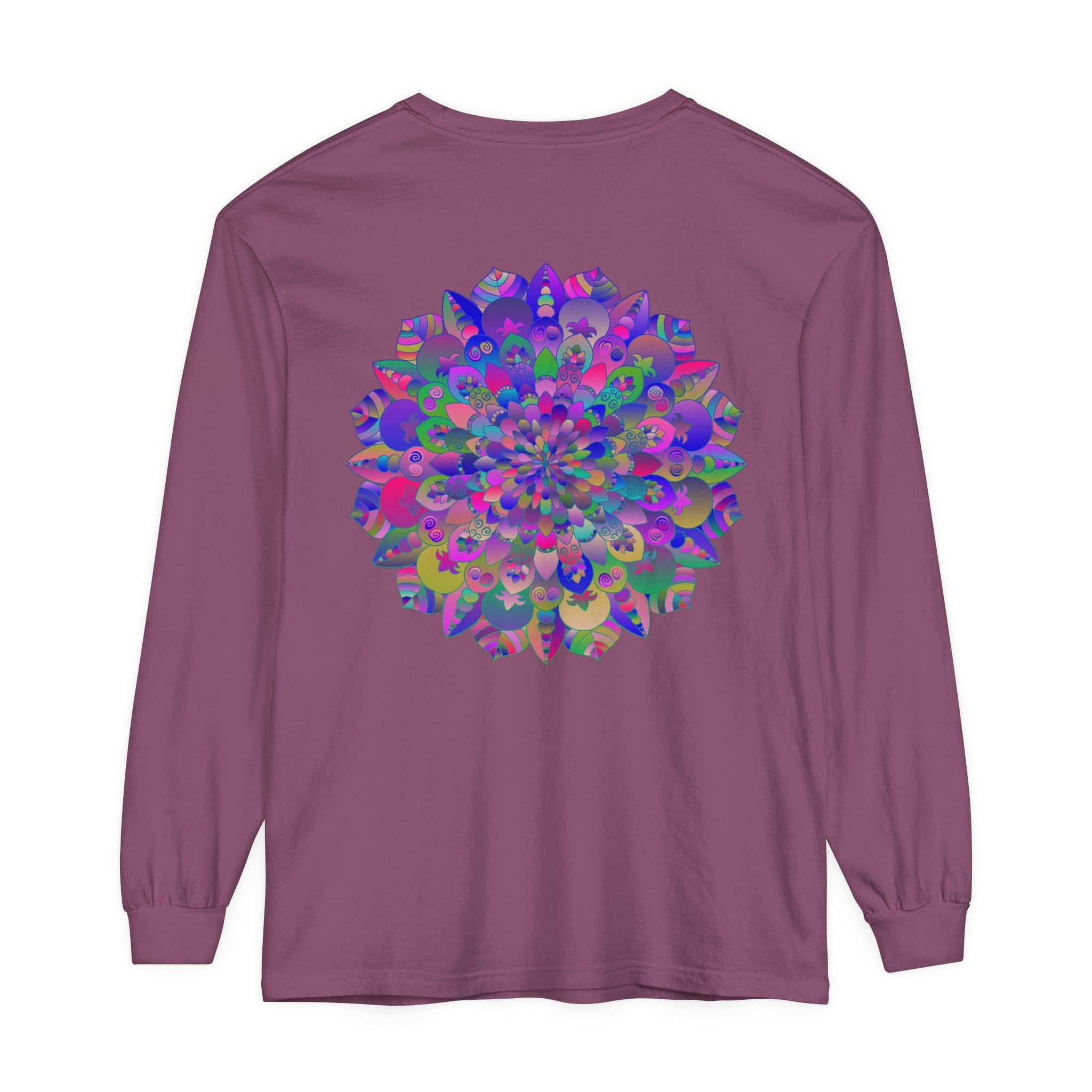 Colorful and intricate mandala design on a long sleeve t-shirt