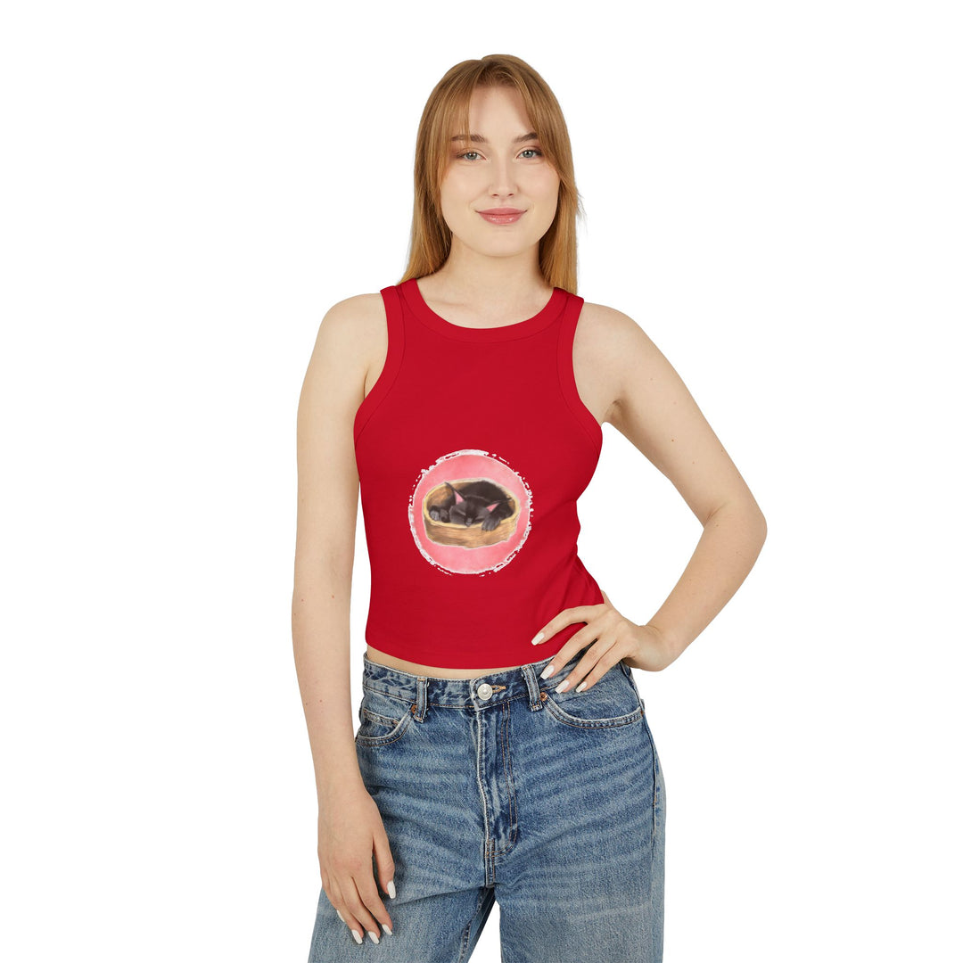 Black tank top featuring a cute sleeping cat design on the front, perfect for lounging or casual wear