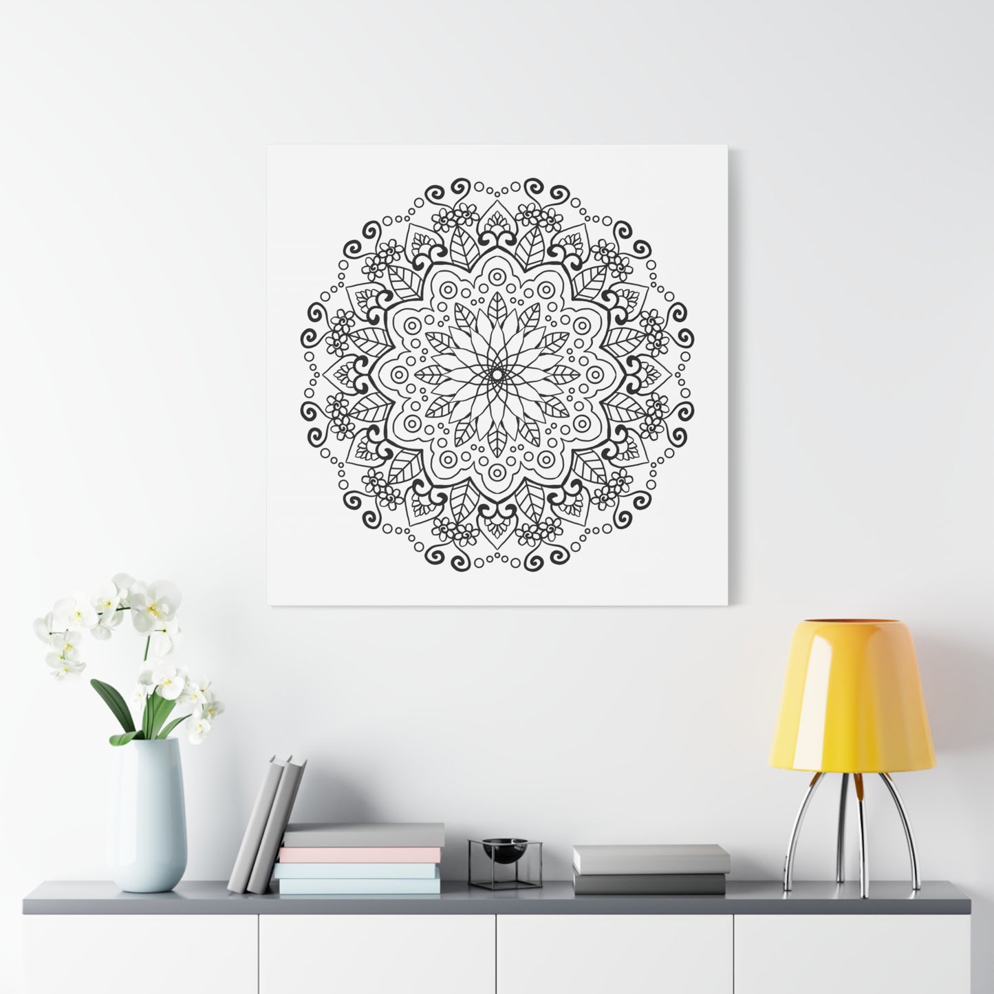 Beautiful handmade mandala art featuring intricate black and white design on matte canvas, fully stretched and ready to hang on your wall, measuring 125 inches thick