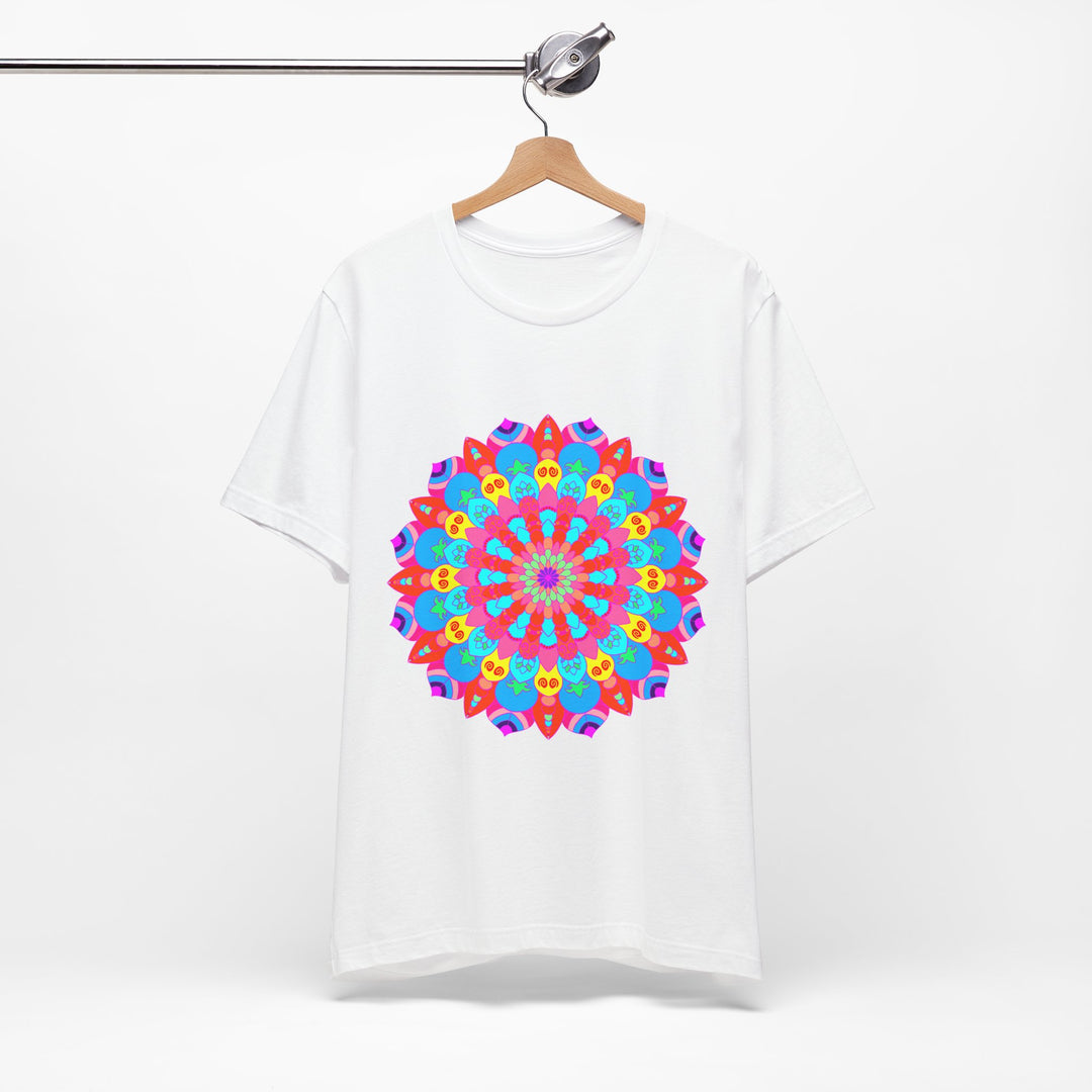 Vibrant and intricate psychedelic mandala art design on a colorful t-shirt, perfect for adding a pop of creativity to your wardrobe