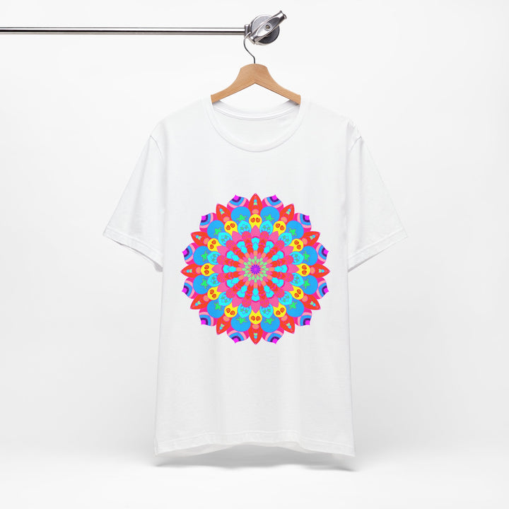 Vibrant and intricate psychedelic mandala art design on a colorful t-shirt, perfect for adding a pop of creativity to your wardrobe