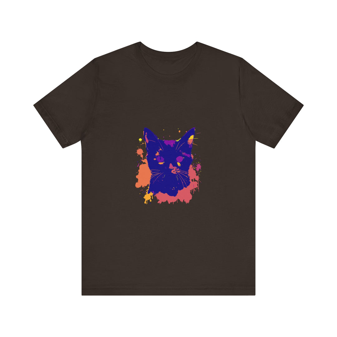 A comfortable black cat mystery t-shirt featuring a colorful splatter design