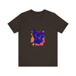 A comfortable black cat mystery t-shirt featuring a colorful splatter design