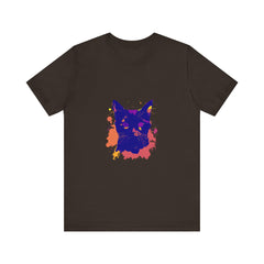 A comfortable black cat mystery t-shirt featuring a colorful splatter design