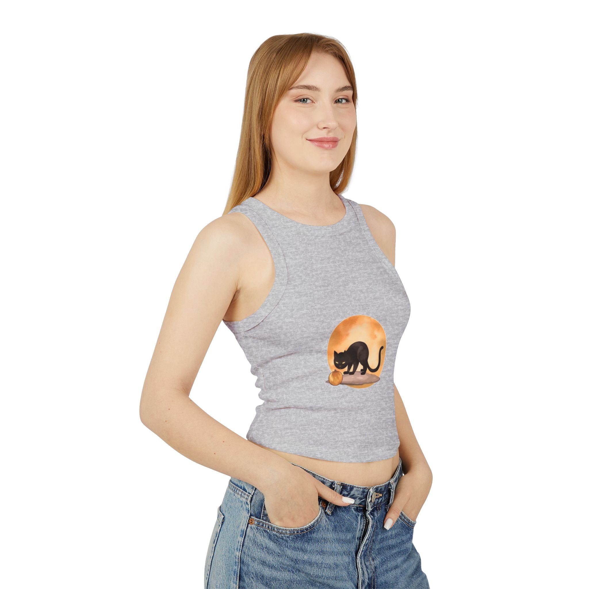 Woman holding Black Cat Moonlit Pumpkin Racerback Tank Top in hands