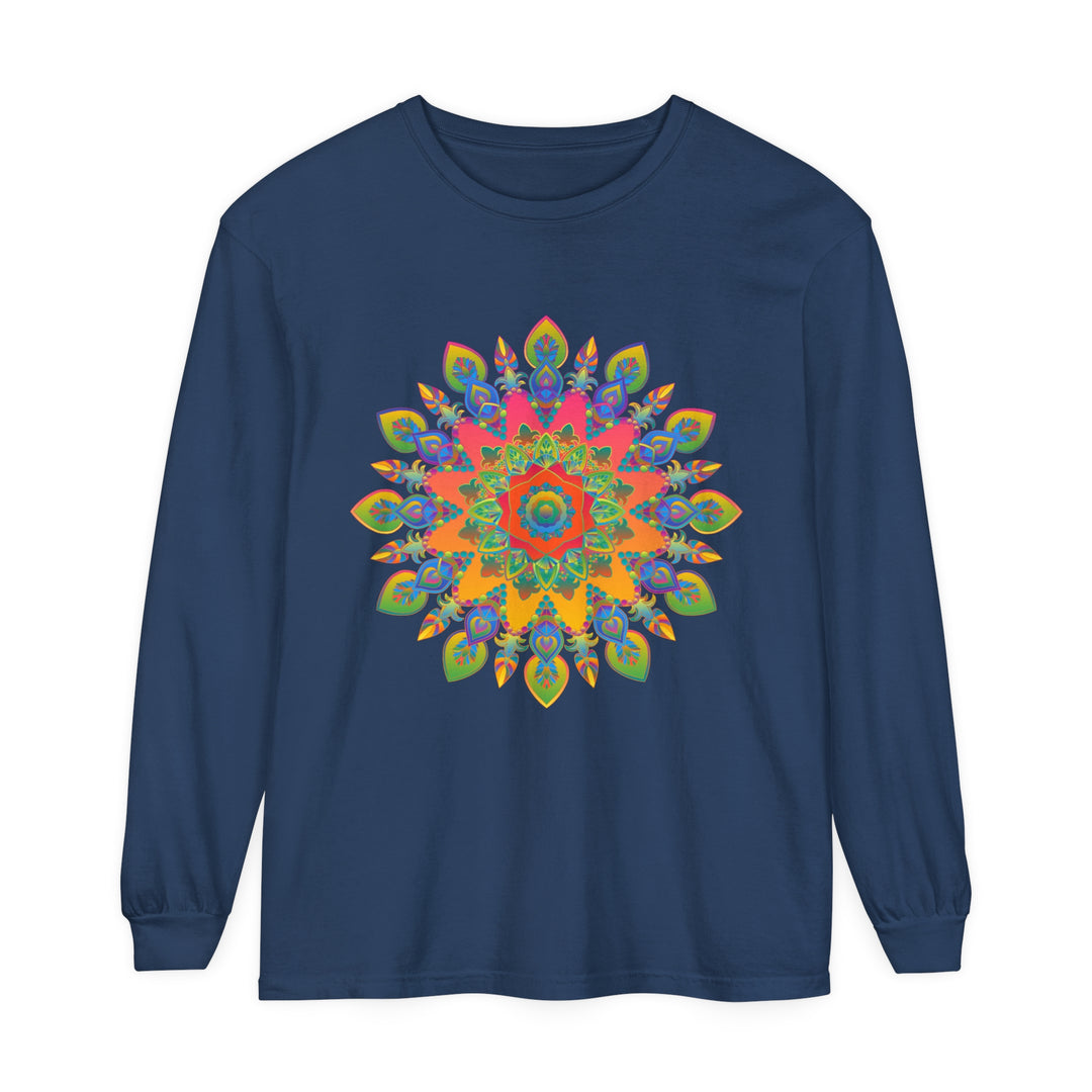 Vibrant Mandala Unisex Long Sleeve T-Shirt featuring colorful, intricate mandala design for both men and women